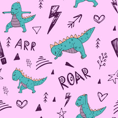 Obraz premium Handdrawn dinosaur in yoga asanas seamless pattern