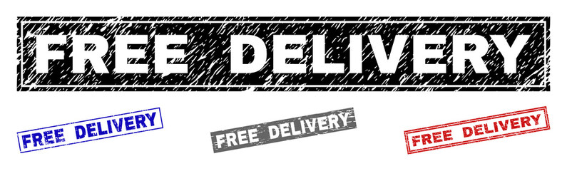 Grunge FREE DELIVERY rectangle stamp seals isolated on a white background. Rectangular seals with distress texture in red, blue, black and gray colors.