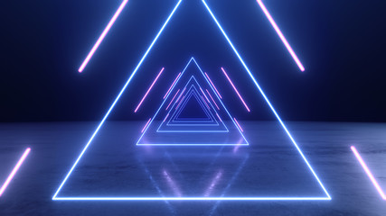 3d render abstract Neon lines triangles tunnel