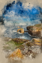 Watercolour painting of Stunning sunrise landscape image of Land's End in Cornwall England