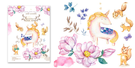 Watercolor isolated cute watercolor unicorn clipart. Nursery unicorns illustration. Princess unicorns poster. Trendy pink cartoon horse. Birthday invite