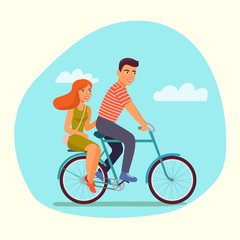 Young man and woman riding on bicycles isolated. Flat vector illustration