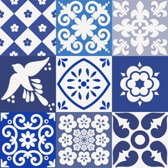 Blue Portuguese tiles pattern - Azulejos vector, fashion interior design tiles 