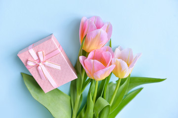 bouquet of delicate pink tulips and a pink box gift with a bright bow on an isolated blue background, floral festive arrangement of flowers