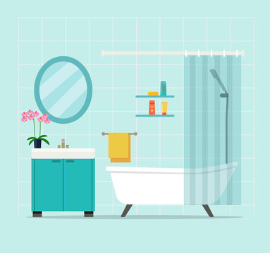 Modern Bathroom Interior With Orchid. Flat Vector Illustration