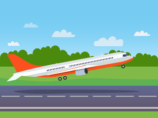 Passenger Plane takes off on the runway. Vector flat style ilustration