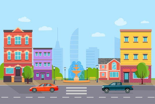 City street panoramic. City life set buildings, cars and fountain . Vector flat style illustration. © lyudinka