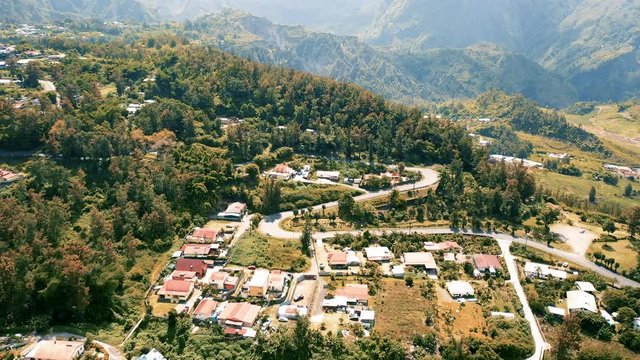 Aerial view over the town of Hell-Bourg, a community in the Cirque de Salazie region of Reunion Island