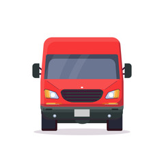 Front view of red delivery truck. Flat style vector illustration. Vehicle and transport banner. Delivery and shipping service banner. Minivan transportation concept. Freight business.
