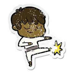 distressed sticker of a cartoon happy boy