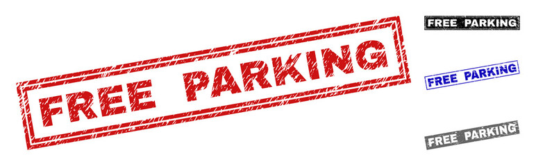 Grunge FREE PARKING rectangle stamp seals isolated on a white background. Rectangular seals with distress texture in red, blue, black and gray colors.