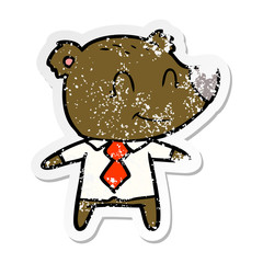 distressed sticker of a cartoon bear in shirt and tie