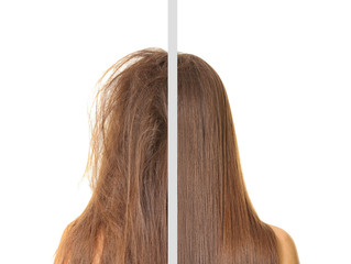 Woman before and after hair treatment on white background
