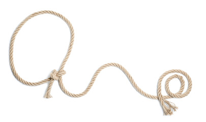 Lasso made of cotton rope on white background, top view