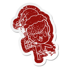 cute cartoon distressed sticker of a girl with hipster haircut wearing santa hat