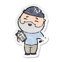 distressed sticker of a cartoon happy bearded man