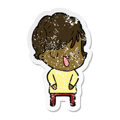 distressed sticker of a cartoon woman talking