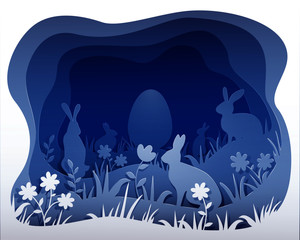 Easter monochrome illustration in blue color. Imitation of paper art and 3D volume.
