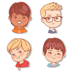 Set with boy's faces. Userpics for blog. Avatar collection of boy faces. Vector illustration of different  kids  portraits in circle. Various color of hair, eyes, skin, nation. Vector illustration.
