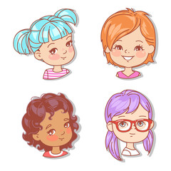 Set with girl's faces. Userpics for blog. Avatar collection of woman faces. Vector illustration of different  girl portraits in circle. Various color of hair, eyes, skin. Vector illustration.
