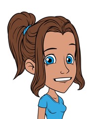 Cartoon smiling girl character with blue eyes. Isolated on white background. Vector icon avatar.