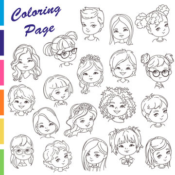 Coloring page. Collection of young girl portraits with different hairstyles Outline sketch, pencil strokes. Woman haircut set.Beautiful women. Children models.Monochrome vector illustration.
