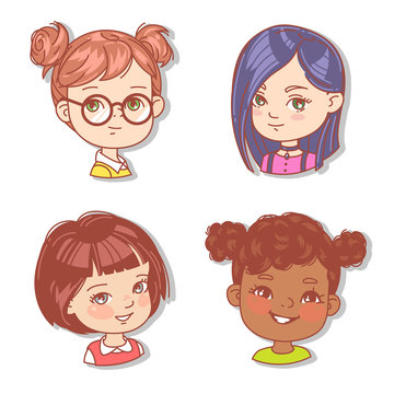Set with girl's faces. Userpics for blog. Avatar collection of woman faces. Vector illustration of different  girl portraits in circle. Various color of hair, eyes, skin. Vector illustration.