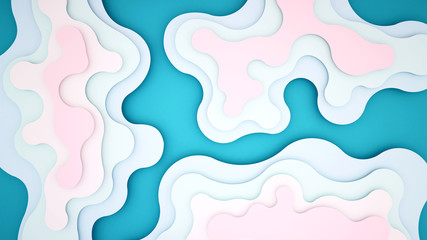Blue and pink wave for artwork background or backdrop- Wavy pastel paper cut style and craft style- Artwork pastel wave and empty space for add message - 3D Illustration