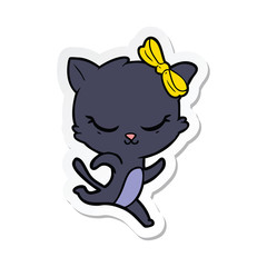 sticker of a cute cartoon cat with bow running