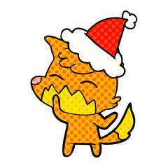 comic book style illustration of a fox wearing santa hat