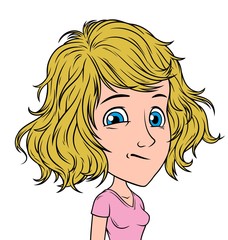 Cartoon blonde girl character with blue eyes. Isolated on white background. Vector icon avatar.