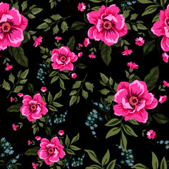 seamless pink flower with small leaves pattern