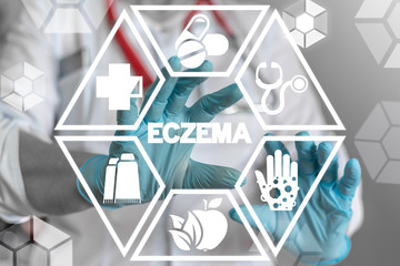 Doctor uses on a virtual screen of the future and touches the word: ECZEMA. Eczema dermatology disease health care concept. Dermatitis skin infection.