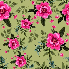 Behang seamless pink flower with small leaves pattern © DNZ CreativeDesign