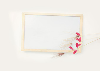 white board with grass flowers and pink petals on white background with space for your ideas texts. top view.