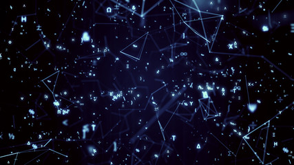Digital mathematical symbols 3D illustration. Abstract futuristic background with math and physics symbols and mesh network grid. 4K science concept