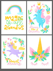 Fototapeta na wymiar Sey of four children cards with unicorn