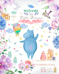 Cute happy birthday card with hippo. watercolor hippo and beauty pink flowers, floral and leaf for greeting card.