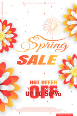 Obraz premium Vector Spring Sale promotional poster on the white background with yellow and red flowers and text.