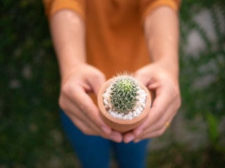 Asian woman holding cactus