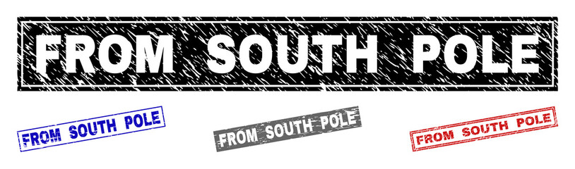 Grunge FROM SOUTH POLE rectangle stamp seals isolated on a white background. Rectangular seals with grunge texture in red, blue, black and gray colors.