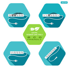 Vector set of hexagon icons of modern electric extension cord type B with plugs connected on the turquoise background with shadow.