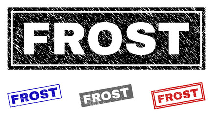 Grunge FROST rectangle stamp seals isolated on a white background. Rectangular seals with grunge texture in red, blue, black and gray colors.