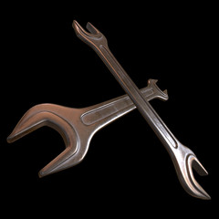 Wrench. Spanner repair tool. Mechanic or engineer instruments. Support service 3d render illustration on black background.