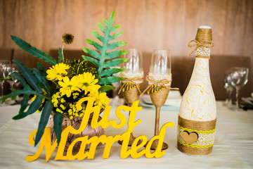 Wedding table for newlyweds with a .inscription "Just married"