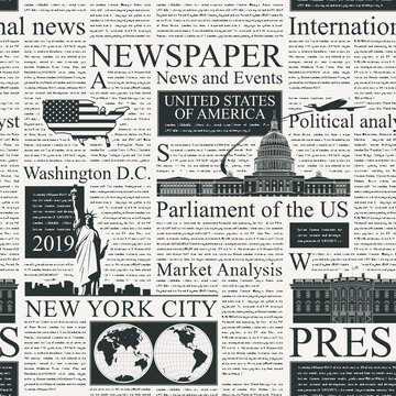 Vector seamless pattern with american newspapers columns. Text on newspaper page is unreadable. US newspaper with black text, repeating newspaper vector background with headlines and illustrations.