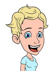 Obraz premium Cartoon blonde smiling girl character with blue eyes. Isolated on white background. Vector icon avatar.