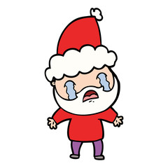 line drawing of a bearded man crying wearing santa hat