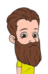 Cartoon brunette boy character with big beard. Isolated on white background. Vector icon avatar.
