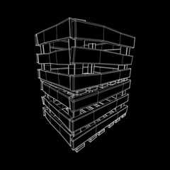 Wooden box for transportation and storage of products. Empty crate for fruits and vegetables. Model wireframe low poly mesh vector illustration